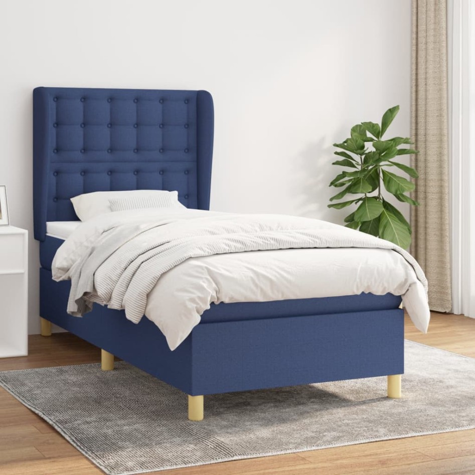 Cama box spring con colchón tela azul 90x200
