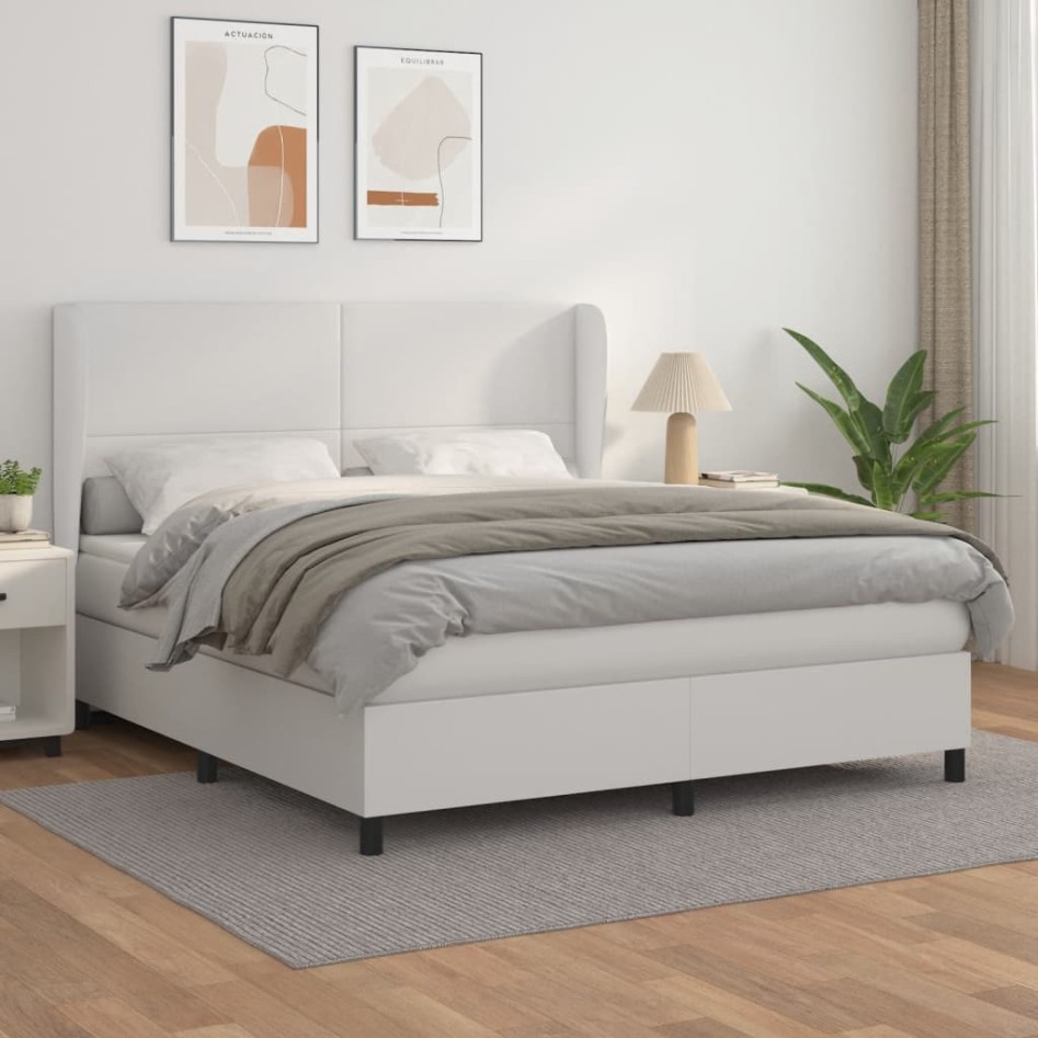 Cama box spring con colchón cuero sintético blanco 160x200