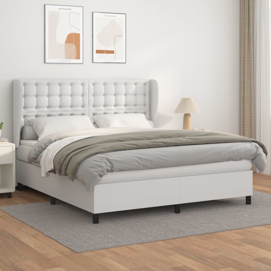 Cama box spring con colchón cuero sintético blanco 160x200