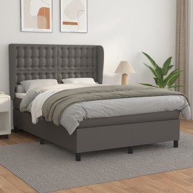 Cama box spring con colchón cuero sintético gris 140x200