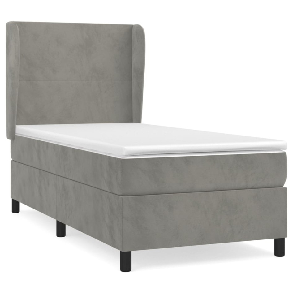 Cama box spring con colchón terciopelo gris claro 100x200