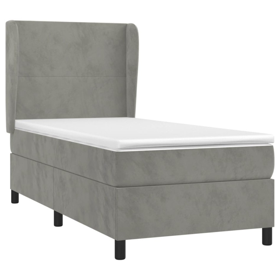 Cama box spring con colchón terciopelo gris claro 100x200