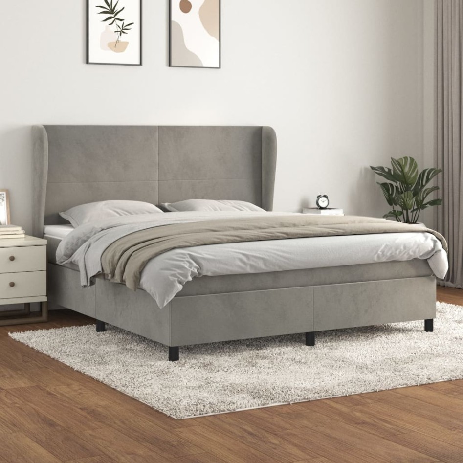 Cama box spring con colchón terciopelo gris claro 180x200