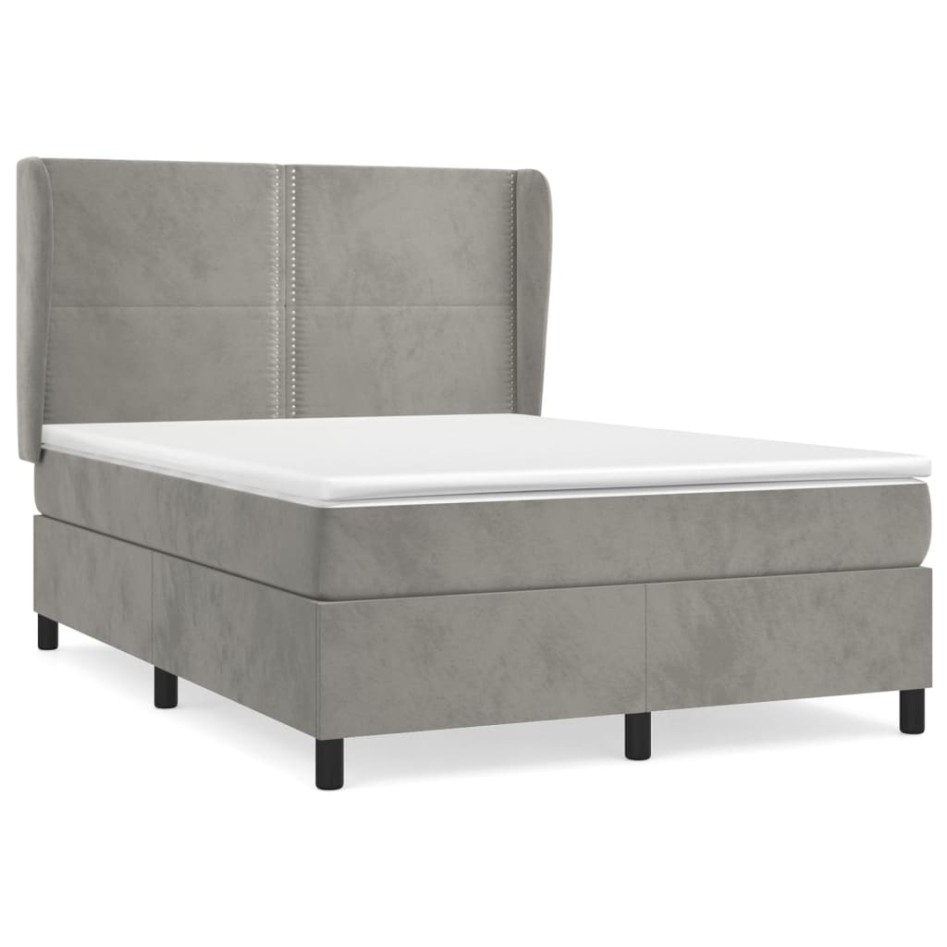 Cama box spring con colchón terciopelo gris claro 140x200