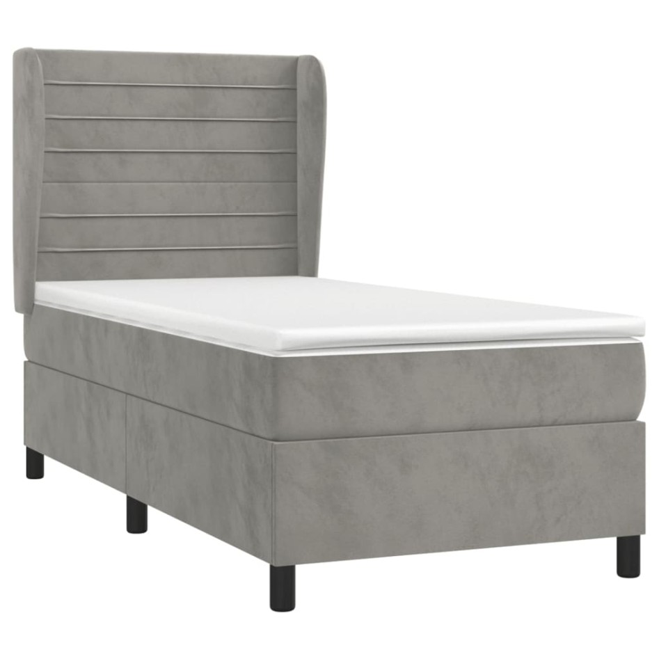 Cama box spring con colchón terciopelo gris claro 100x200