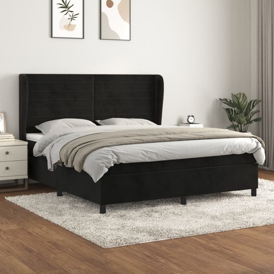 Cama box spring con colchón terciopelo negro 160x200