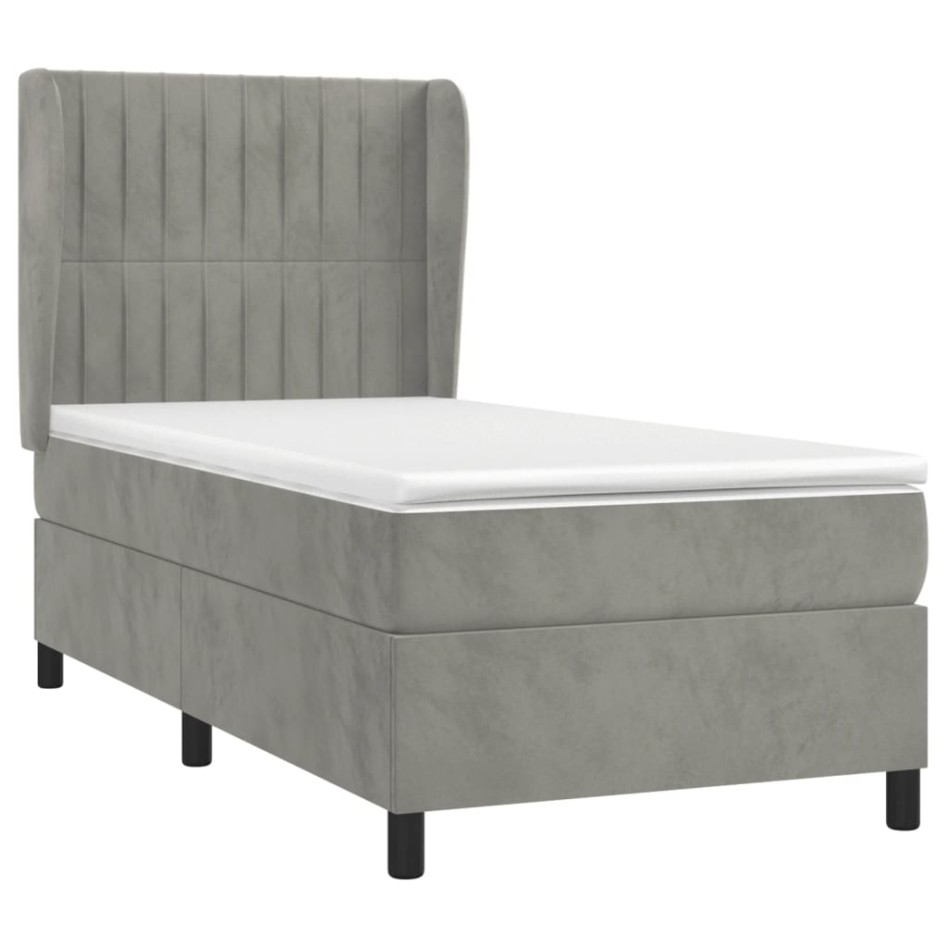 Cama box spring con colchón terciopelo gris claro 80x200
