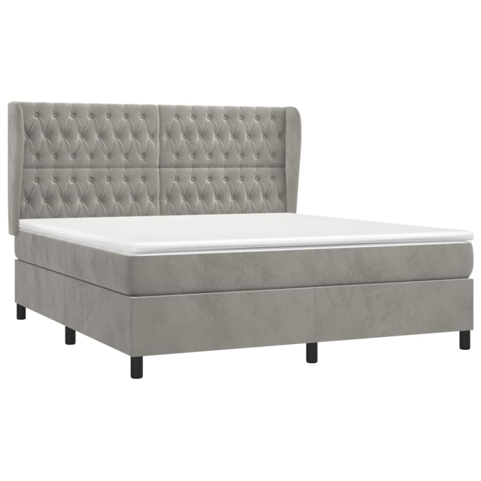 Cama box spring con colchón terciopelo gris claro 160x200