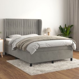 Cama box spring con colchón terciopelo gris claro 140x200