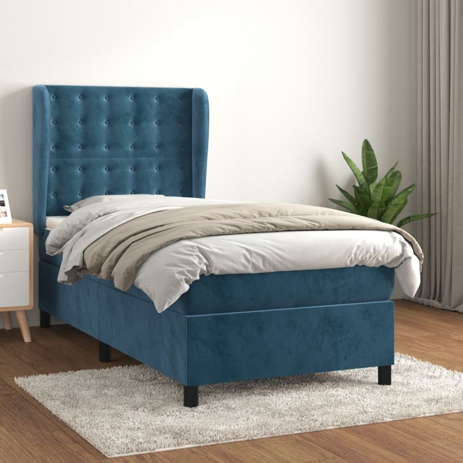 Cama box spring con colchón terciopelo azul oscuro 80x200