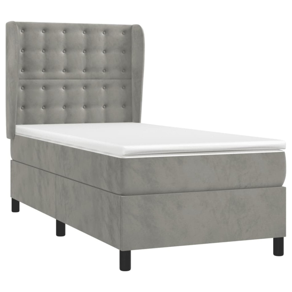 Cama box spring con colchón terciopelo gris claro 100x200