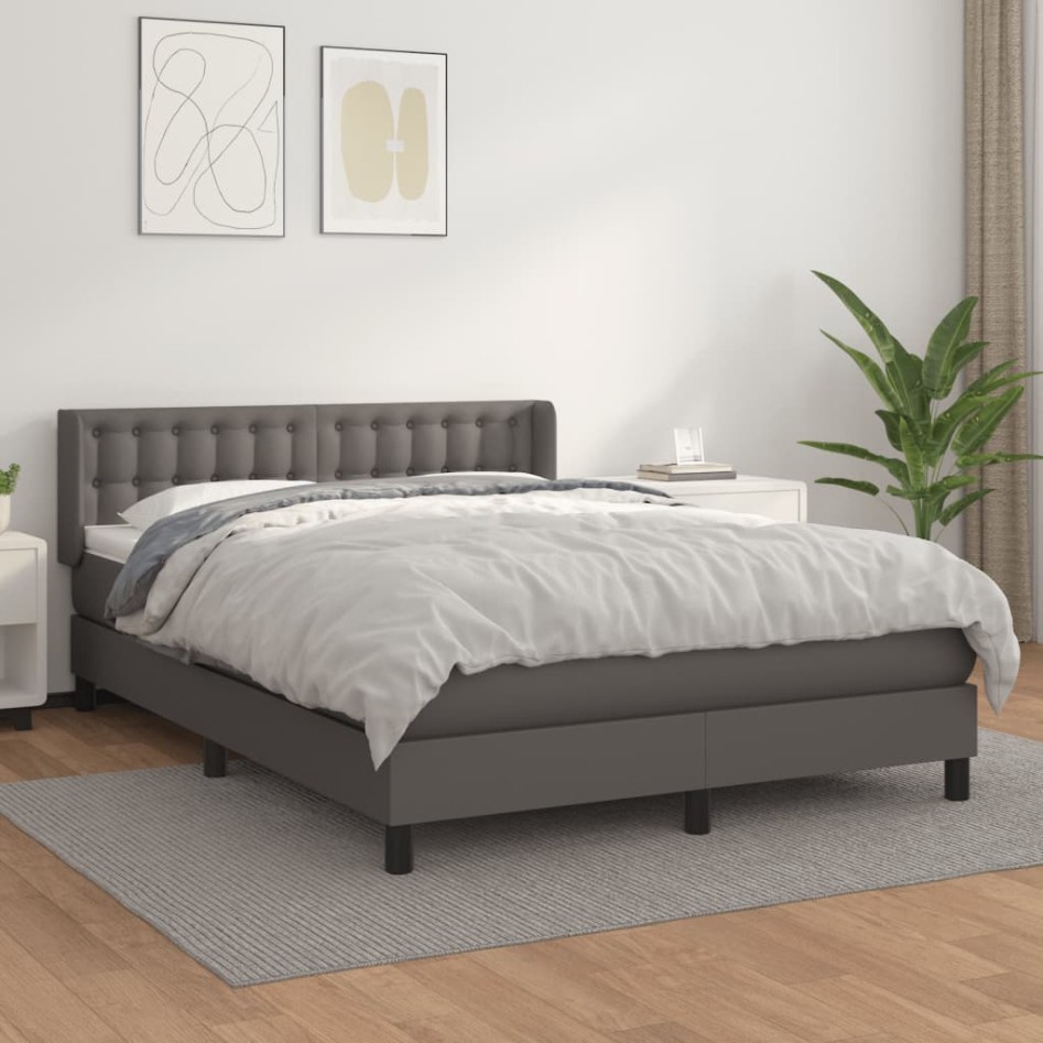 Cama box spring con colchón cuero sintético gris 140x190