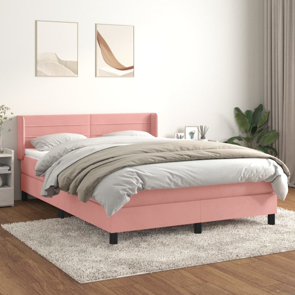 Cama box spring con colchón terciopelo rosa 140x200