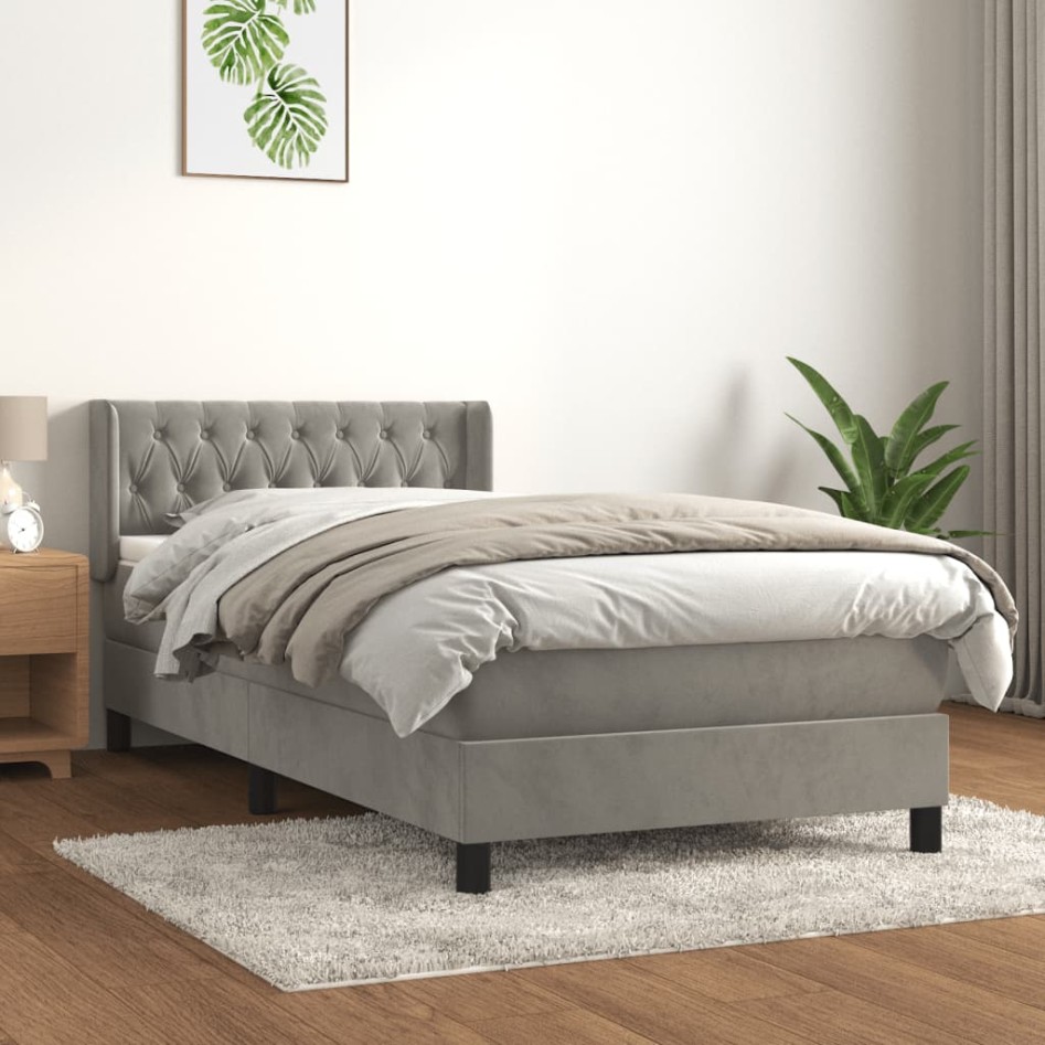 Cama box spring con colchón terciopelo gris claro 100x200