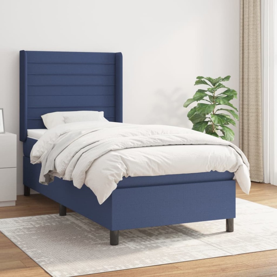 Cama box spring con colchón tela azul 90x190