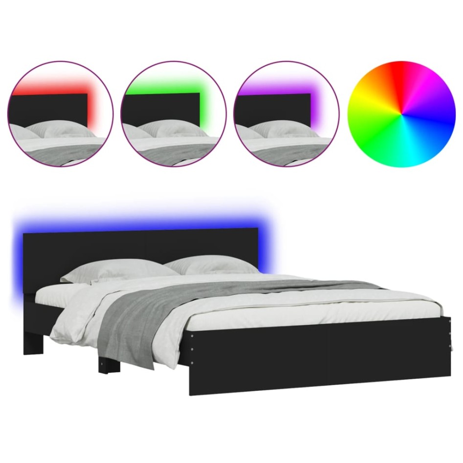 Estructura de cama con cabecero y luces LED negro 150x200