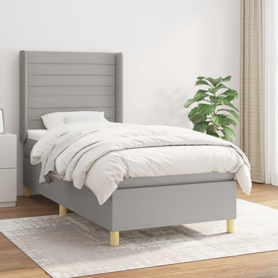 Cama box spring con colchón tela gris claro 80x200