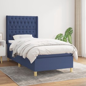 Cama box spring con colchón tela azul 90x200