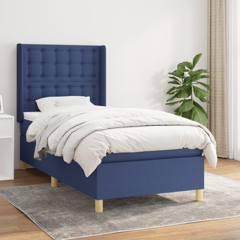 Cama box spring con colchón tela azul 90x190