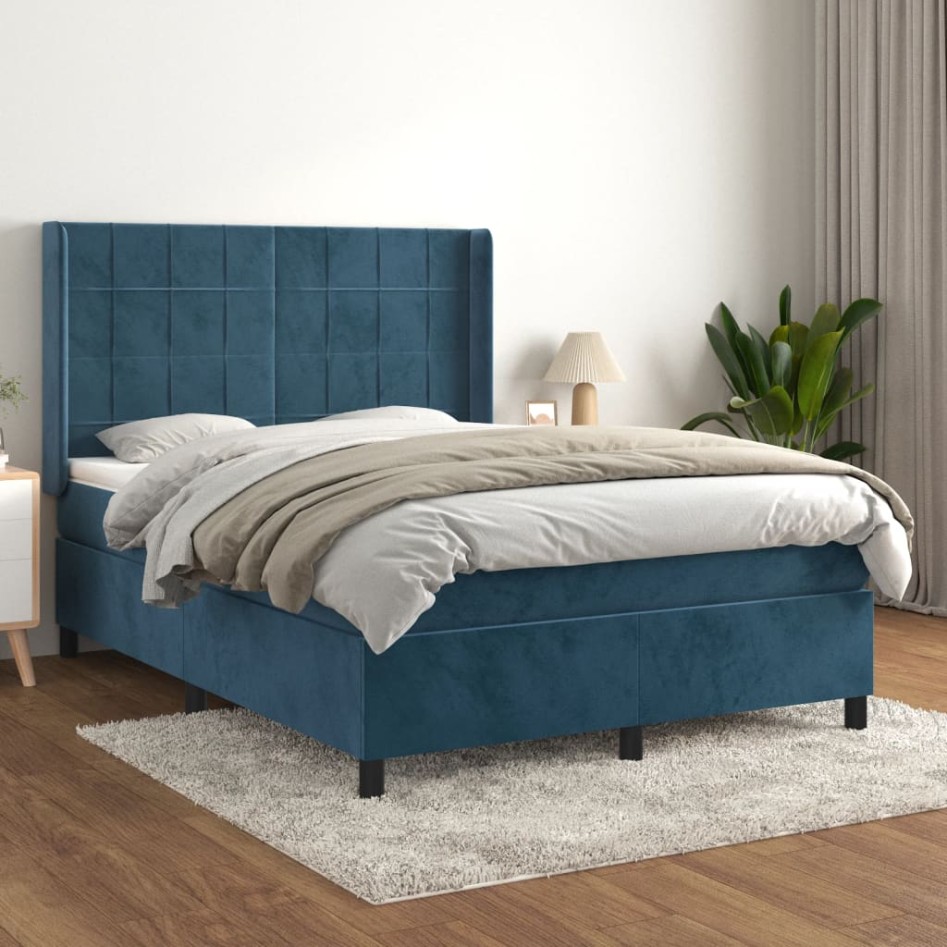 Cama box spring con colchón terciopelo azul oscuro 140x200