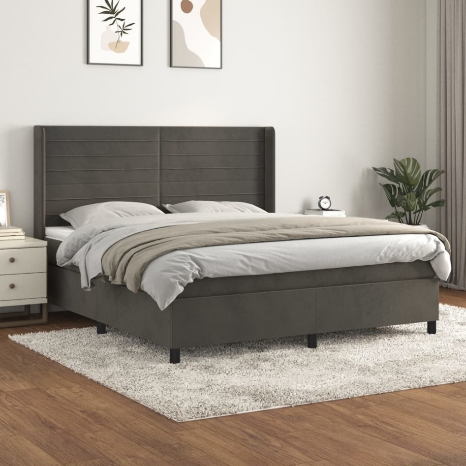Cama box spring con colchón terciopelo gris oscuro 180x200