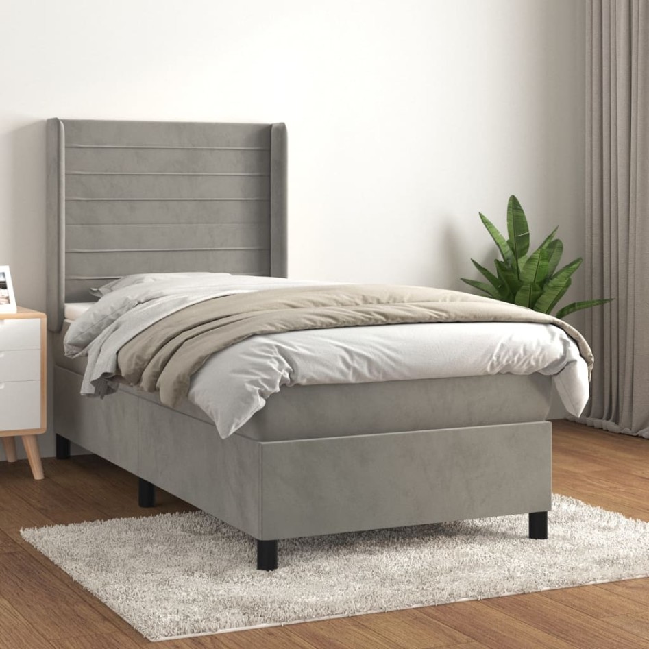 Cama box spring con colchón terciopelo gris claro 100x200