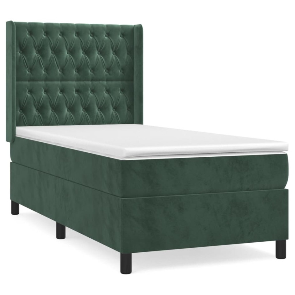Cama box spring con colchón terciopelo verde oscuro 100x200
