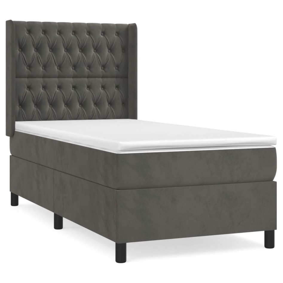 Cama box spring con colchón terciopelo gris oscuro 100x200
