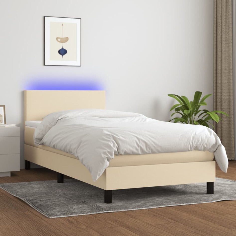 Cama box spring con colchón y LED tela crema 90x190