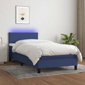 Cama box spring con colchón y LED tela azul 80x200