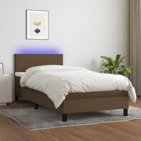 Cama box spring con colchón LED tela marrón oscuro 90x190