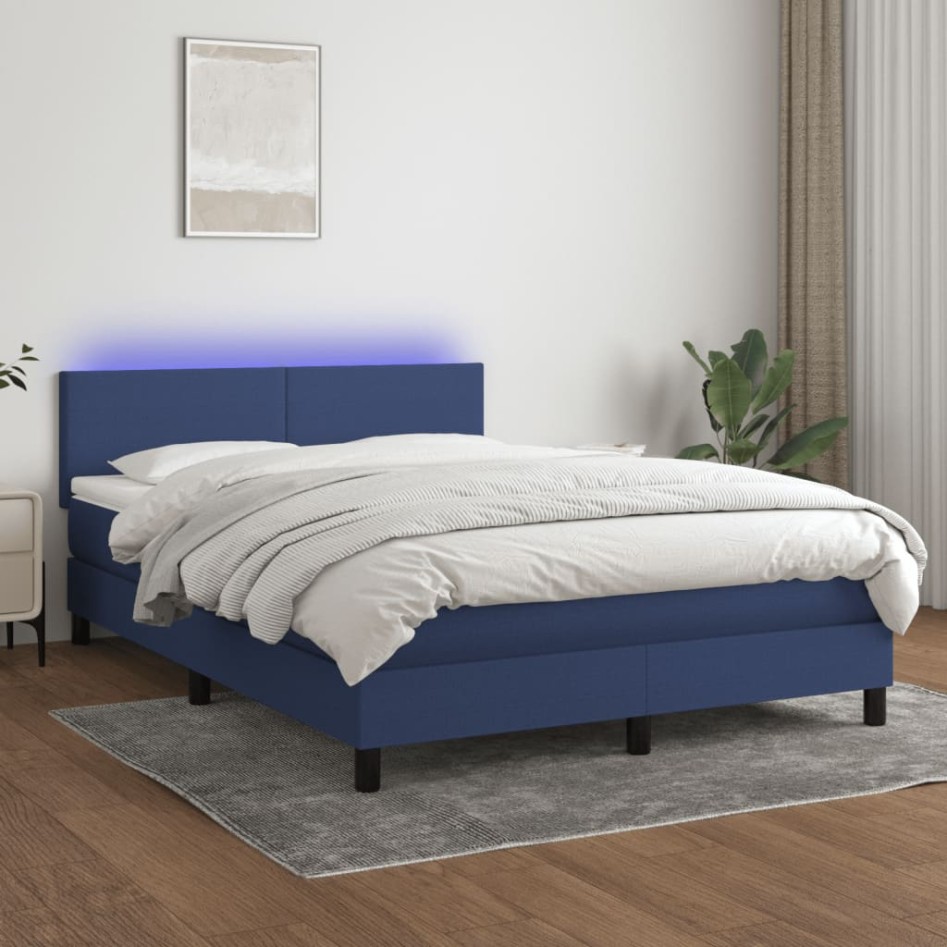 Cama box spring con colchón y LED tela azul 140x190