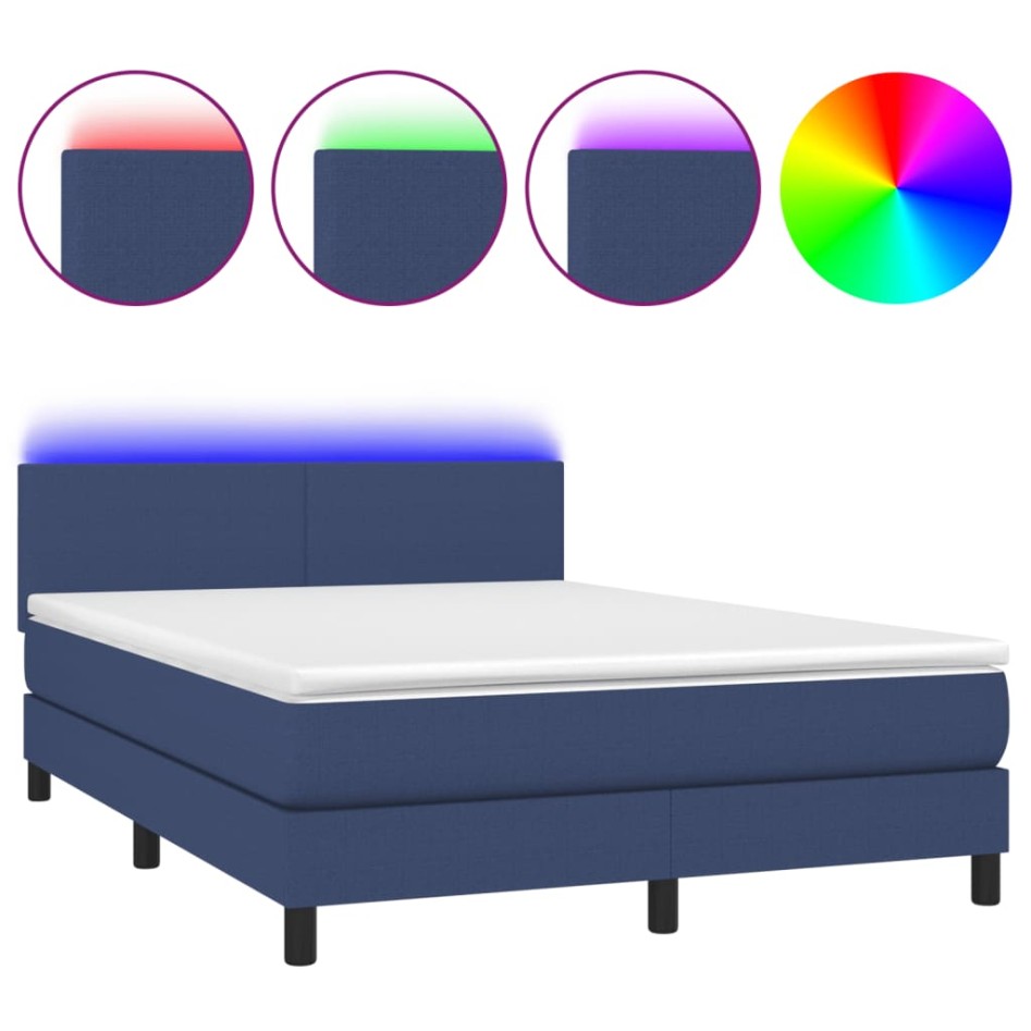Cama box spring con colchón y LED tela azul 140x190