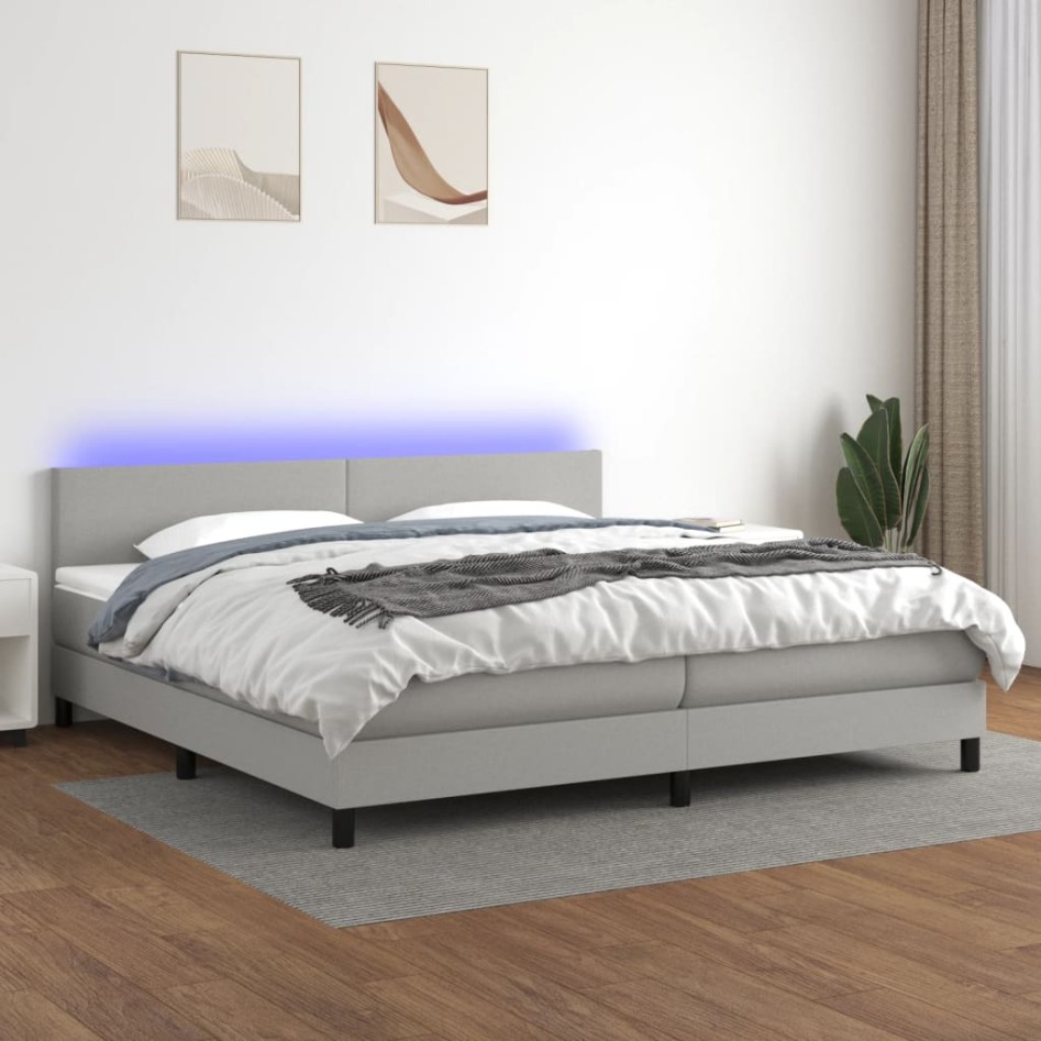 Cama box spring con colchón tela y LED gris claro 200x200