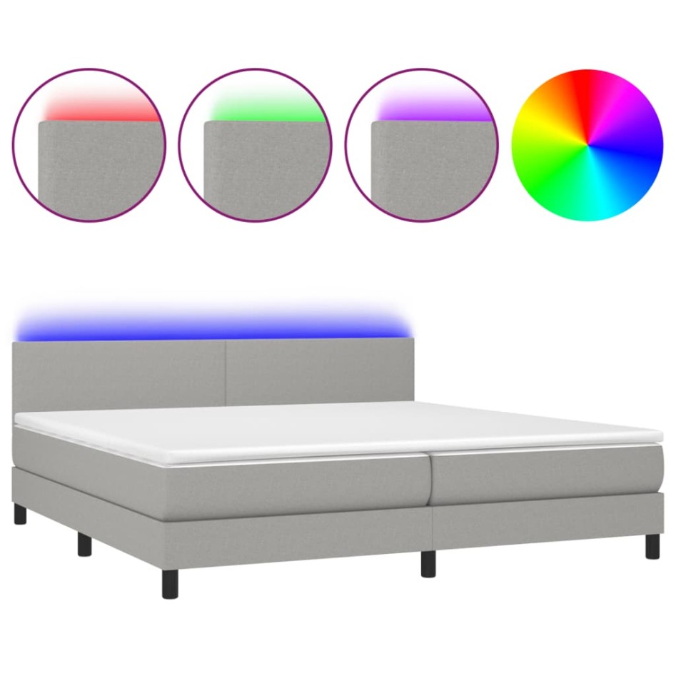 Cama box spring con colchón tela y LED gris claro 200x200
