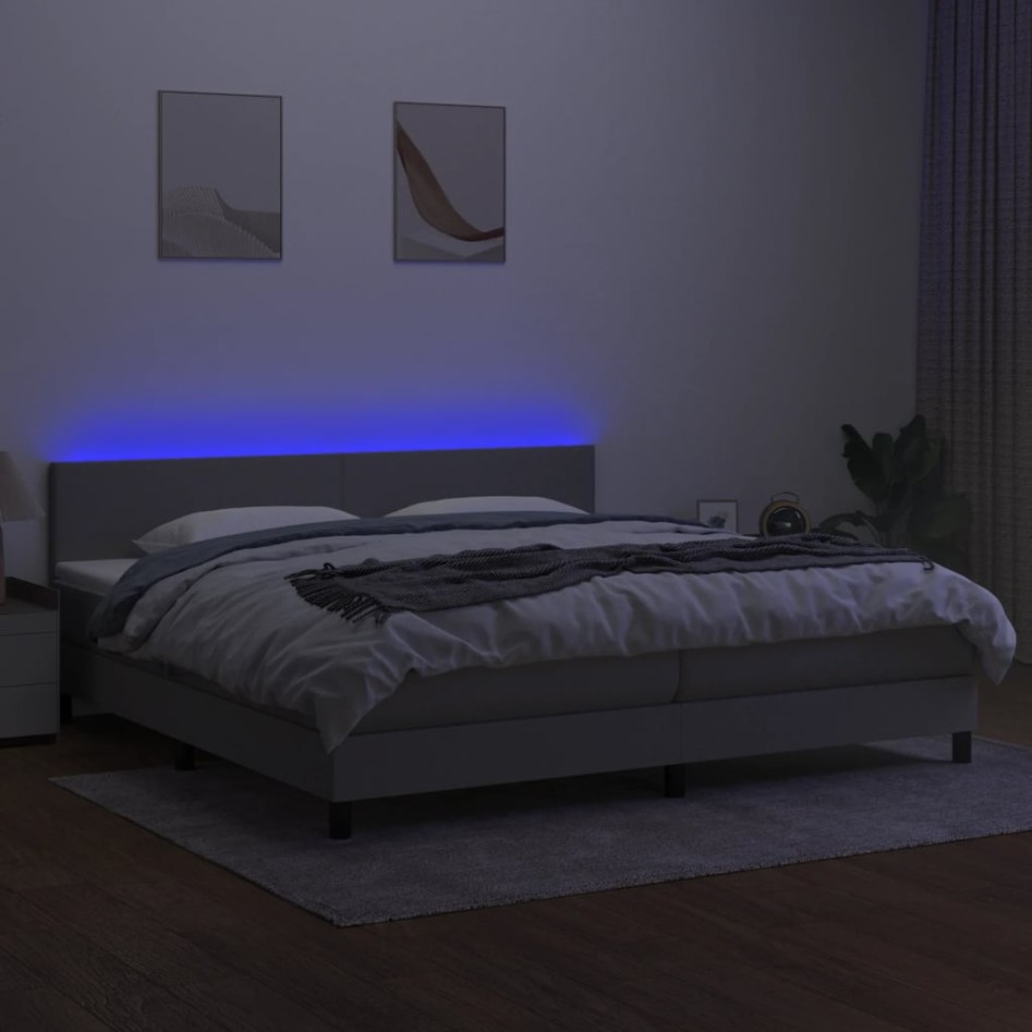 Cama box spring con colchón tela y LED gris claro 200x200