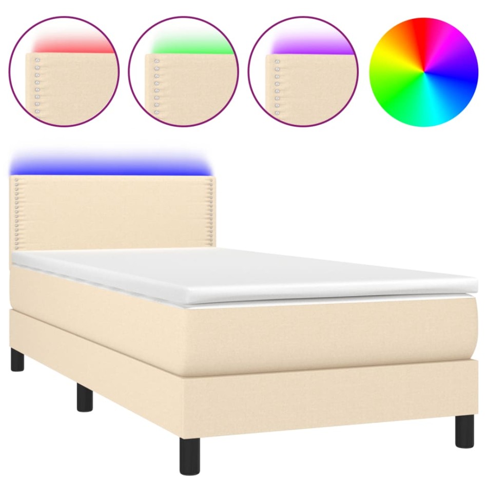 Cama box spring colchón y luces LED tela color crema 90x190
