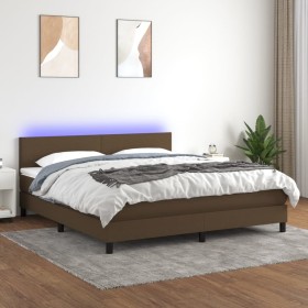 Cama box spring con colchón LED tela marrón oscuro 180x200
