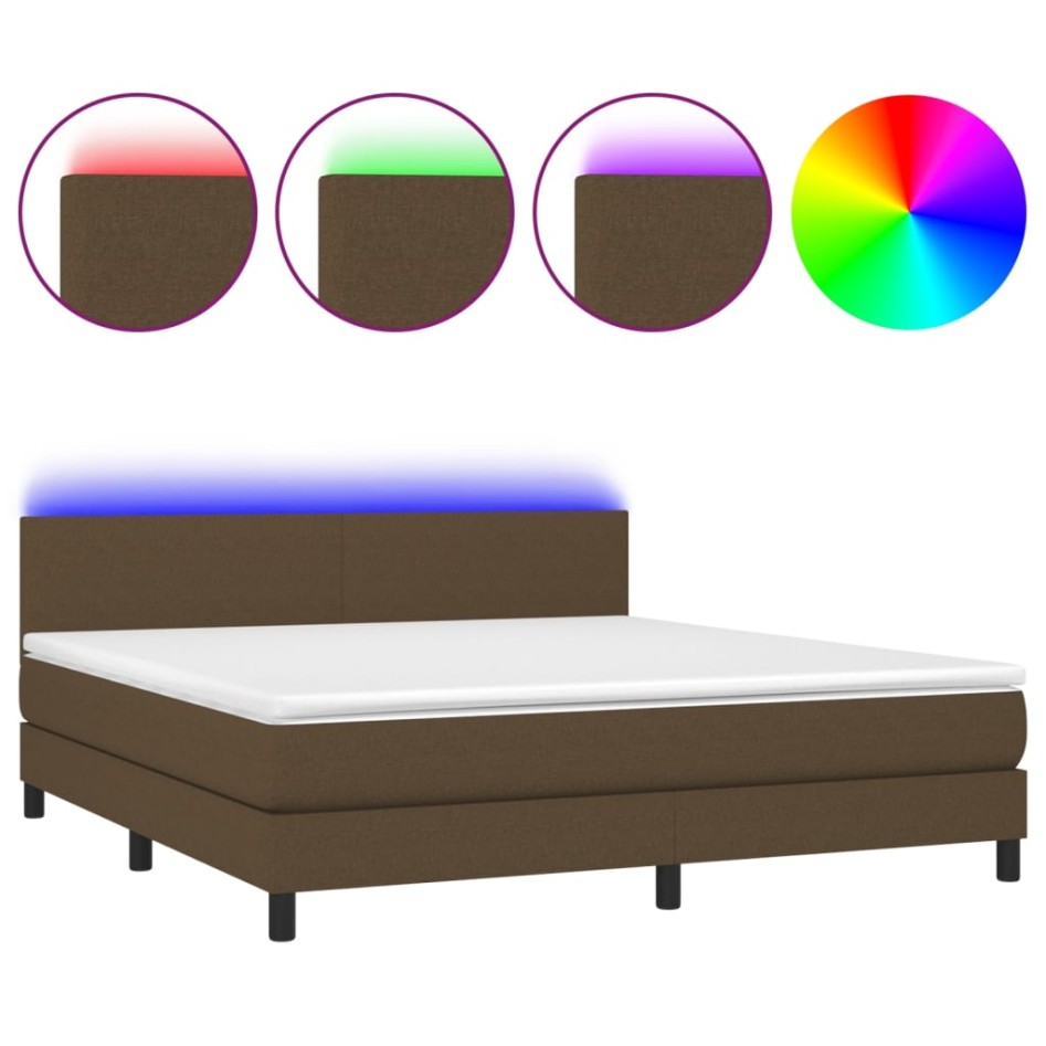 Cama box spring con colchón LED tela marrón oscuro 180x200
