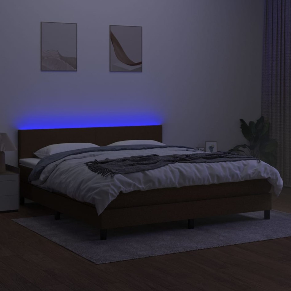 Cama box spring con colchón LED tela marrón oscuro 180x200