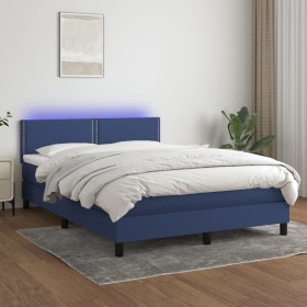 Cama box spring colchón y luces LED tela azul 140x190