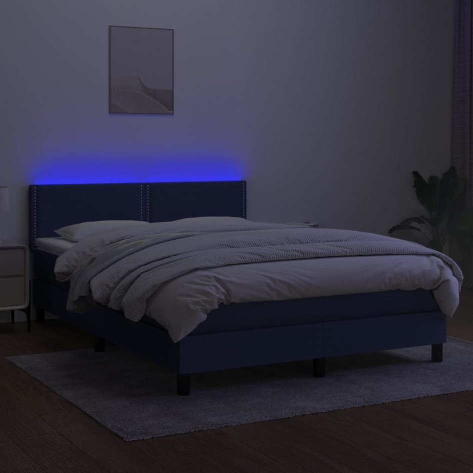 Cama box spring colchón y luces LED tela azul 140x190