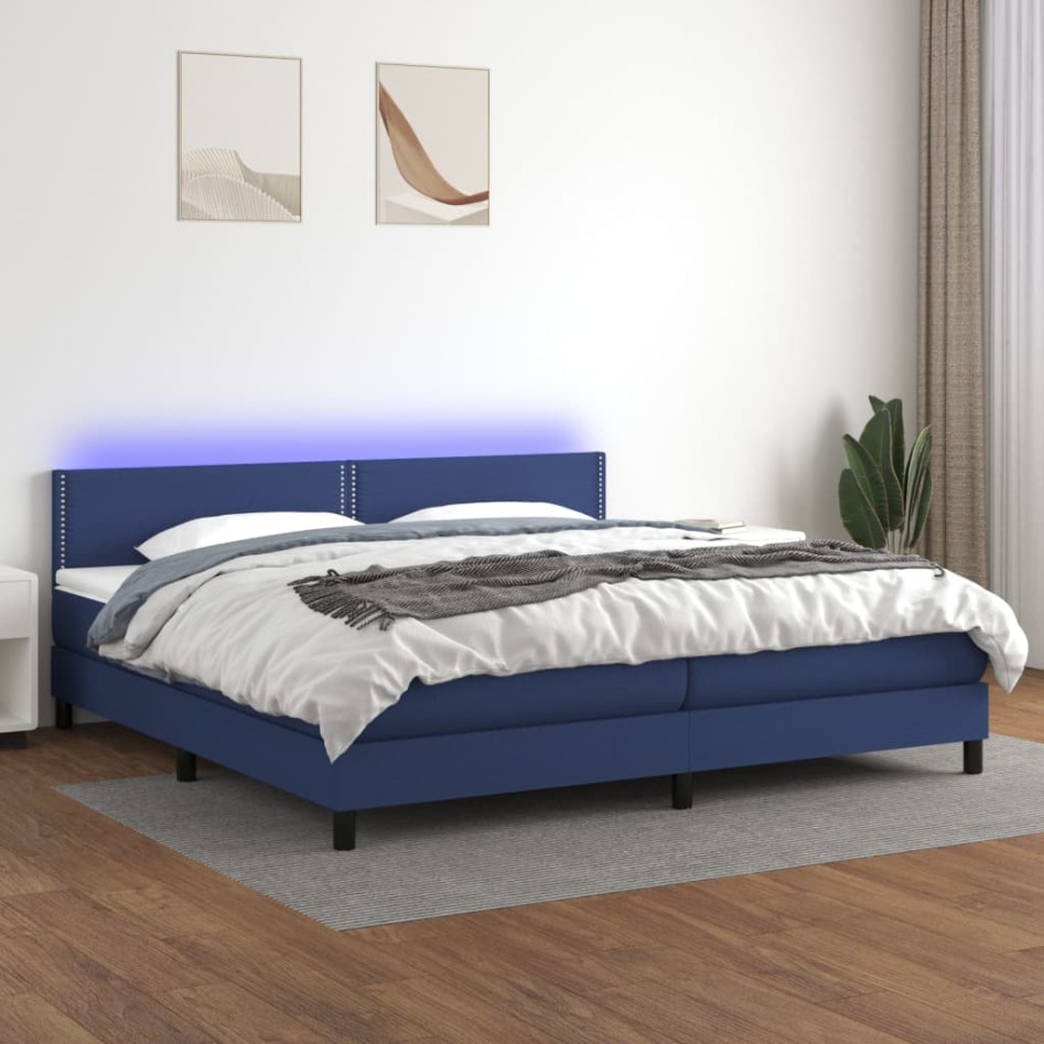 Cama box spring colchón y luces LED tela azul 200x200