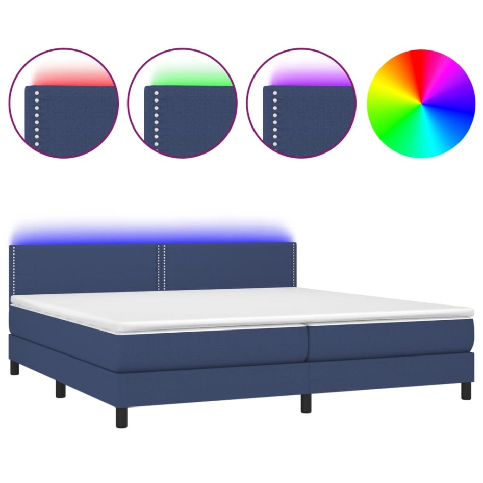Cama box spring colchón y luces LED tela azul 200x200