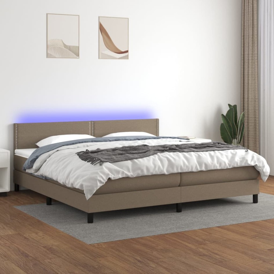 Cama box spring colchón y luces LED tela gris taupe 200x200