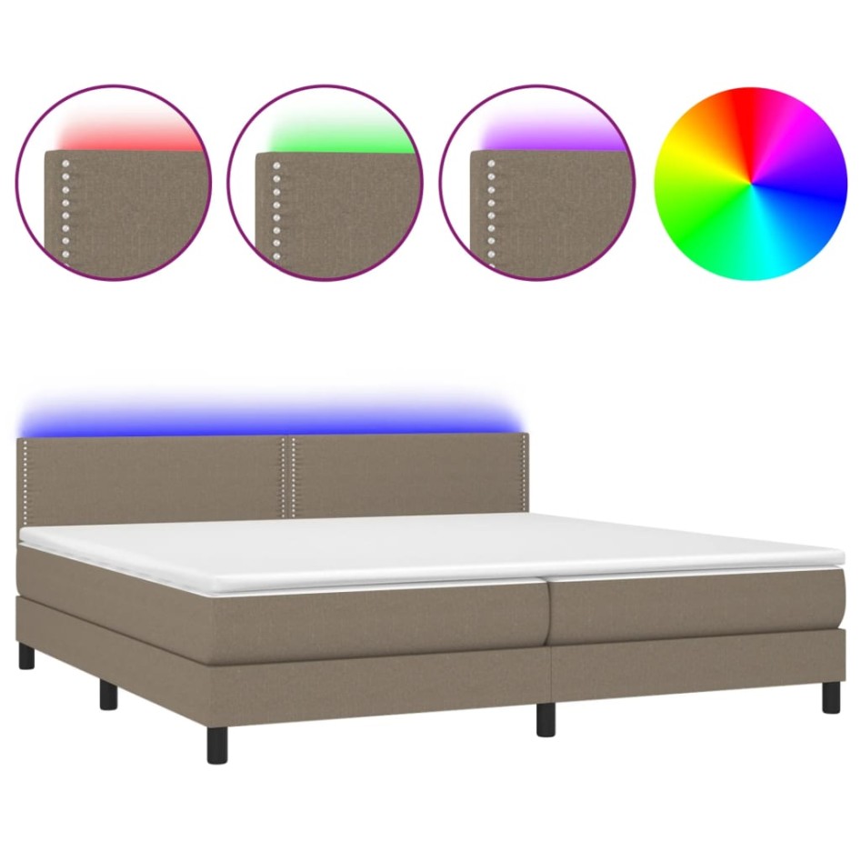Cama box spring colchón y luces LED tela gris taupe 200x200