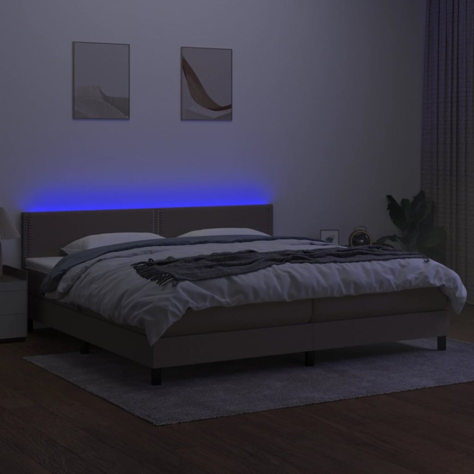 Cama box spring colchón y luces LED tela gris taupe 200x200