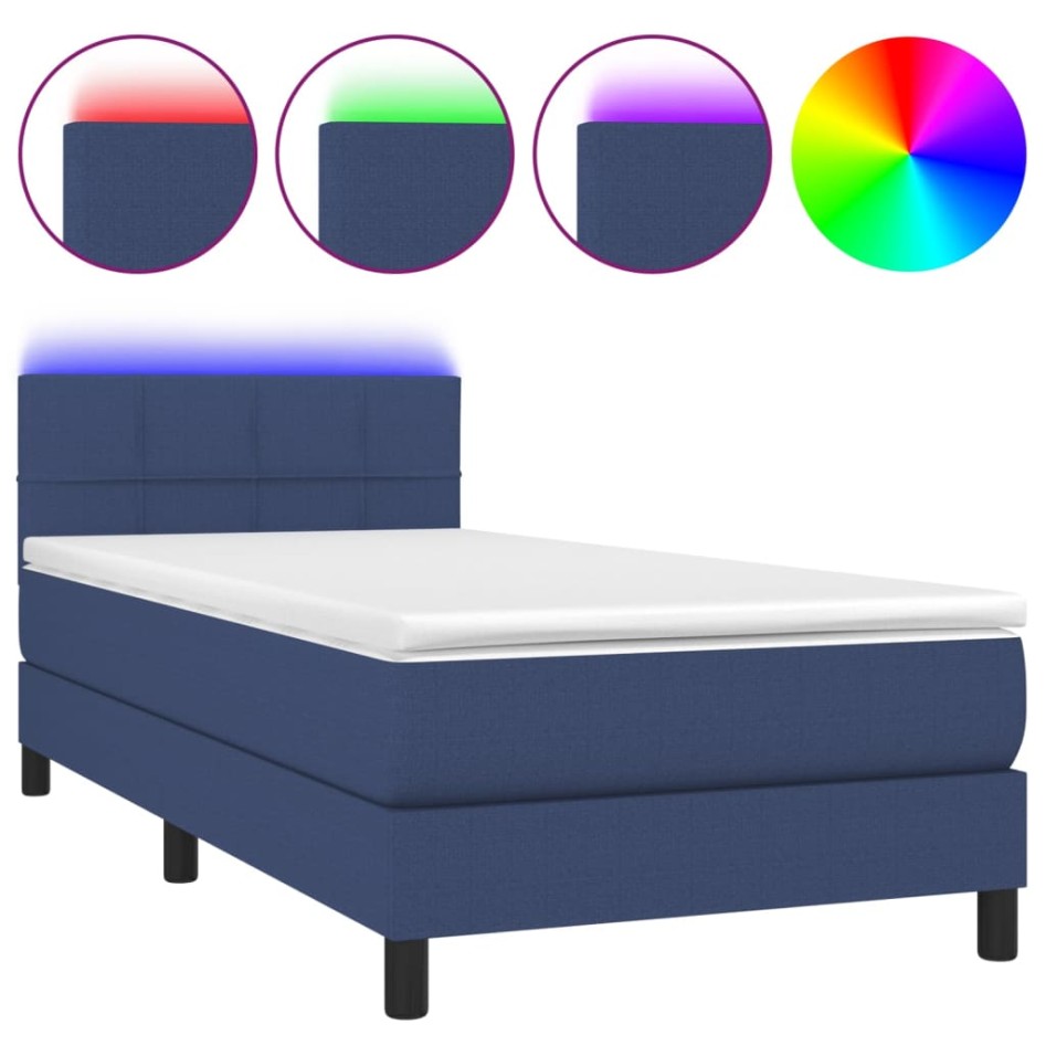 Cama box spring colchón y luces LED tela azul 100x200