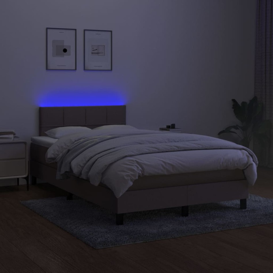 Cama box spring con colchón y LED tela gris taupe 120x200