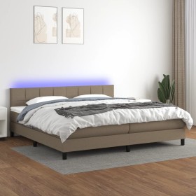 Cama box spring colchón y luces LED tela gris taupe 200x200